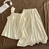 Pantalones Cortos Color Crema Suaves con Mangas Acampanadas Camisola Pura y Sencilla Pijama para Mujer Conjunto de Ropa para el Hogar de Verano con Almohadillas en el Pecho Venta al por Mayor