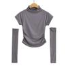 Camiseta de manga corta con cuello alto y media manga para mujer, estilo europeo y americano, con cintura alta y curvas adelgazantes
