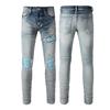Marca de moda TR AMIRI lavado pesado con agujeros artesanales jeans ajustados de cuero de alta calidad para hombre