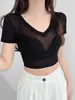 Camiseta de Manga Corta con Escote en V de Encaje, Camisola Capa Base Ajustada de Seda de Hielo Top Corto para Mujer Producto Nuevo Sensación de Alta Gama