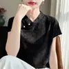 Nueva Camiseta Suelta de Punto con Cuello Alto de Seda Estilo Chino, Manga Corta, Jacquard Pesado para Mujer