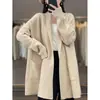 Cardigã de Tricô Feminino 100% Lã com Gola Reversível, Textura Canelada, Bolsos Duplos, Sem Botões, Caimento Solto Longo, Manga Longa