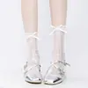 Calcetines Lolita de Encaje Blanco con Volantes Estilo Ballet Malla Transpirable Calcetines JK Verano Delgados con Lazo Hasta la Pantorrilla