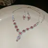 Aretes Cuadrados con Incrustaciones de Diamantes, Collar, Retro, Elegante, Exquisito, Cadena de Clavícula a la Moda, Lujo Ligero, Set de Joyería de Alta Gama