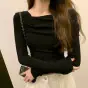 Nuevo Estilo Primavera y Otoño 2026 Top Puro Deseo con Escote Asimétrico Ajustado, Estilo Suave Hombros Descubiertos con Malla, Camiseta Elegante de Manga Larga para Mujer