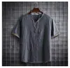 Camiseta Retrô Tendência de Linho Masculina de Verão Fina para Jovens, Casual Simples Estilo Algodão-Linho Manga Curta Roupa Masculina