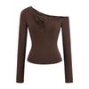 Blusa Feminina de Outono Nova com Ombro Caído Irregular, Botões e Renda, Manga Longa Slim