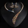 Estilo Europeo y Americano Collar y Pendientes de Pavo Real con Piedras Preciosas de Colores y Diamantes Completos Accesorios para Vestido de Novia Mujeres Fábrica Venta al por Mayor Lujo Ligero