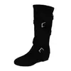 Botas femininas longas, com tiras cruzadas plissadas, solado plano, aumento interno de altura, couro macio, fivela ajustável, botas de equitação