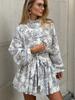 Vestido de manga larga con estampado de tinta transfronterizo Europa y Estados Unidos 2025 primavera nuevo cuello alto manga linterna vestido con cordones