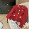 Cardigan Tricot Doce Gola Redonda para Mulheres, Botão Laço Coração Macio e Aconchegante, Jaqueta Suéter Trançado Estilo Preguiçoso Curto