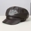 Chapéu Boina de Couro PU Macio Cor Sólida Simples Elegante Estilo Coreano Moda Emagrecimento Facial para Viagem ao Ar Livre Fotografia de Rua