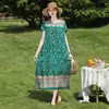 Novo Vestido de Algodão e Seda para Mulheres no Verão, Estilo Mãe Jovem, Estilo Étnico de Luxo, Saia Longa com Barra Larga, Vestido de Praia para Férias
