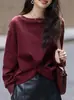 Moletom com Gola Uma Linha e Nó Torcido Design para Mulheres Outono 2025 Novo Elegante Casual Estilo Preguiçoso Top Solto Casual
