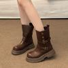 Botas Estilo Britânico para Mulheres 2025 Novo Outono Retrô Sapatos Femininos Botas Marrom Maillard Botas Curtas Pretas de Solado Grosso