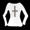 Estilo Europeo y Americano Otoño 2025 Nueva Moda Personalizada Tendencia Callejera Top Sexy de Manga Larga con Estampado de Pedrería Cruzada