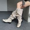 Botas Femininas com Pelo Removível, Forro em Couro Dividido de Vaca, Couro Genuíno, Salto Grosso, Tira, Laço, Botas Arrumadas Multiestilo