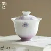 Cortina de Cuentas Moradas Degradadas de Cerámica Arita Pintada a Mano Tazón con Tapa de Mariposa Juego de Té Kung Fu Tazón de Té Cerámico para el Hogar