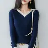 Suéter de tricô 100% algodão com gola polo color-blocking estilo francês para mulheres, novo modelo 2026, camisa base com gola de lapela, suéter que rejuvenesce