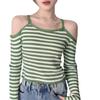 Cuidado con la Camiseta Base de Manga Larga Rayada Descubierta de Hombros para Mujer 2025 Otoño Dulce y Atrevida Chic Top Corto de Cintura Alta