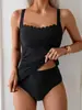 Traje de baño negro de estilo europeo y americano conservador, que cubre el abdomen, con borde ondulado para mujer, de dos piezas, Transfronterizo 2025, Realza el busto, Adelgaza los hombros