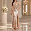 Vestido de Noche Largo con Lentejuelas de un Solo Hombro Transfronterizo de Amazon para Mujer, Ajustado de Cola de Pez con Abertura, Vestido de Banquete de Lujo Ligero con Cola