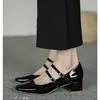 Sapatos Mary Jane Vermelhos Design de Nicho Sapatos de Casamento Franceses Bico Quadrado Salto Grosso Fivela Boca Rasa Sapatos de Salto Alto Couro Patente