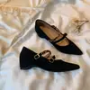 En stock~5CM Aumento de AlturaPunta Puntiaguda Mary Janes Zapatos de Mujer Retro Gamuza Corte Bajo Tacón Gato Tacón Grueso Zapatos de Salón