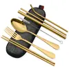 Amazon cuchillo y tenedor cuchara portátil siete piezas 304 acero inoxidable popote cuchillo y tenedor estilo occidental palillos traje de vajilla para exteriores