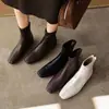 Botines ajustados elásticos de punta cuadrada con cremallera trasera de piel genuina para mujer, botines vintage adelgazantes de tacón bajo grueso, tallas 34-42