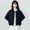 Jaqueta Cardigan de Tricô Redonda Preta Feminina 2026 Outono/Inverno Novo Loose Color Block Renda Tricô Cardigan Top Curto