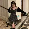 Vestido Negro con Estampado Floral Nuevo Verano 2025 para Mujer Falda Irregular de Té Falda Corta Vestido Camisola Ceñidor de Cintura Chica Picante