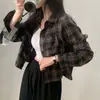 Camisa xadrez chique coreana de outono, manga curta e longa