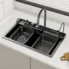 Pia de Cozinha Digital Espessada em Formato de Baleia para Água da Chuva, Grande Cuba Única Tipo Cascata, Aço Inoxidável com Colmeia Nano para Lavagem de Vegetais