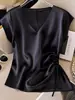 Camisa de Mujer con Cuello en V y Mangas Cortas, Nuevo Estilo de Verano, Top Fruncido Adelgazante Color Albaricoque Estilo Francés, Top Versátil y Elegante para Mujer