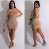 C6215 Aliexpress Amazon Moda Europea y Americana para Mujer Color Puro Malla Pluma Diamante Caliente Manga Larga Falda Corta Vestido