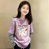Camiseta de manga larga para niña, algodón puro, estilo primavera y otoño, versión coreana, holgada, sencilla, casual, cuello redondo, camiseta básica para niños, imitación de dos piezas