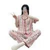 Algodón de Nube Verano Nuevo Cárdigan Solapa Manga Corta Pantalones Chica de Dibujos Animados Dulce Hogar Atuendo traje Pijama