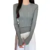Top base canelado com babados, juvenil e rejuvenescedor, para mulheres, suéter de tricô elegante para outono, gola redonda, caimento justo