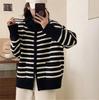 Cárdigan de punto a rayas con cuello polo y doble cremallera estilo coreano para mujer, otoño e invierno 2023, nueva chaqueta de suéter con doble bolsillo