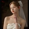 Velo de Novia para Registro de Matrimonio, Velo Suave Blanco para Fotografía de Viaje, Abalorios Densos Cosidos a Mano, Lazo, Pinza de Cocodrilo para el Cabello, Cinta de Perlas