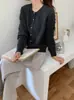 Cardigã Tricotado 100% Lã Pura com Gola Redonda e Botões Dourados para Mulheres, Casaco Suéter Outono e Inverno, Suéter de Lã Artístico Retrô