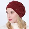 Nuevo Gorro de Punto para Mujer de Doble Capa de Algodón con Pedrería y Perlas Moda Europea y Americana Otoño e Invierno Versátil Cálido Gorro de Maternidad Transfronterizo