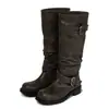 Versión de Piel de Vaca~Caña Plegable Uso Bidireccional Botas de Jinete Otoño e Invierno Nuevo Estilo Coreano Versátil Punta Redonda Hebilla Botas de Motocicleta Botas Largas para Mujer