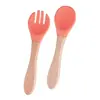 Conjunto de Talheres de Silicone de Grau Alimentício para Bebê com Cabo de Madeira, Garfo e Colher, Colher de Treinamento para Crianças Aprenderem a Comer, Talheres para Alimentação Complementar, Mãe e Bebê