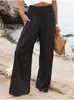 Pantalones de pierna ancha de cintura alta para mujer, pantalones largos casuales sueltos finos de verano, pantalones de estilo playero para vacaciones de color liso con estampado
