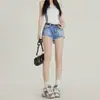 Chica de Primavera con Especias Jeans Blancos Lavados Diseño Nicho Barba-Cabello azul claro Adelgazantes Versátiles Shorts Casuales Pantalones Cortos