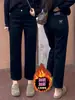Jeans Rectos Forrados de Polar Negro para Mujer, Invierno Tallas Grandes, Figura de Pera, Cintura Alta, Elásticos, Petite, Pantalones Cigarette