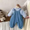 Conjunto de overol para niños y niñas, nueva moda de otoño, lindo conjunto de dos piezas de jeans de una pieza y camisa a cuadros, moderno