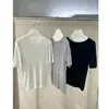 Tejido de punto sin costuras de una sola pieza de lino variegado con cuello de una línea, manga corta, cuello redondo, camiseta interior fina y suave, top versátil para mujer